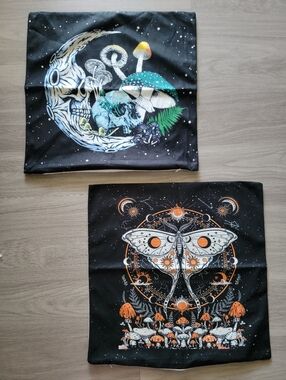 Mystical Mushroom Or Moth Pillow Cover - Black with Teal, Orange, White Accents